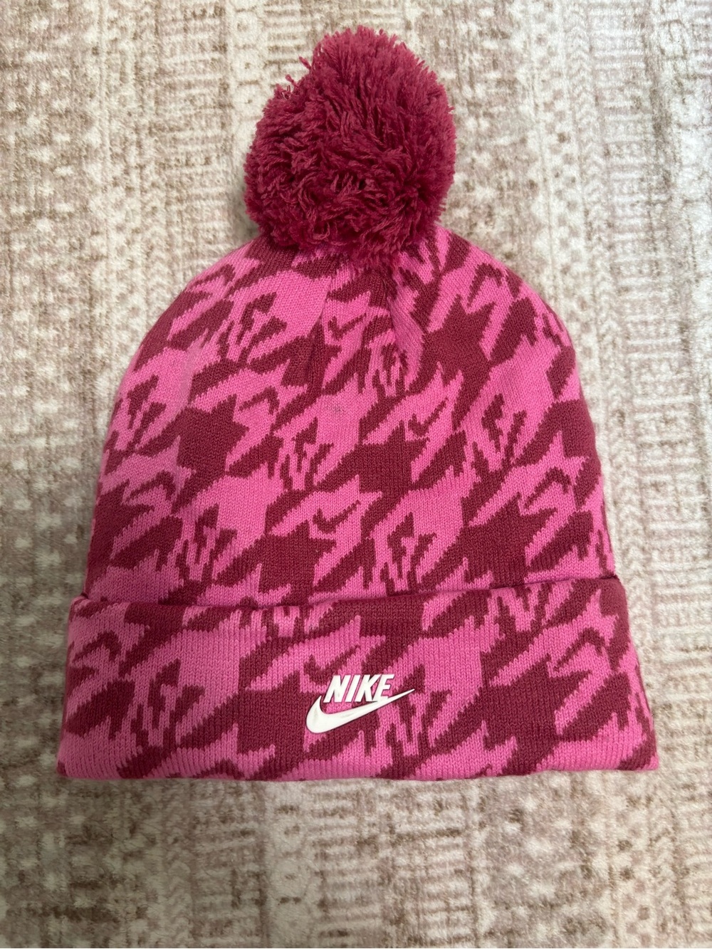 Nike Pink Burgundy Camo Knit Pom Beanie Hat One Size Stretch Logo